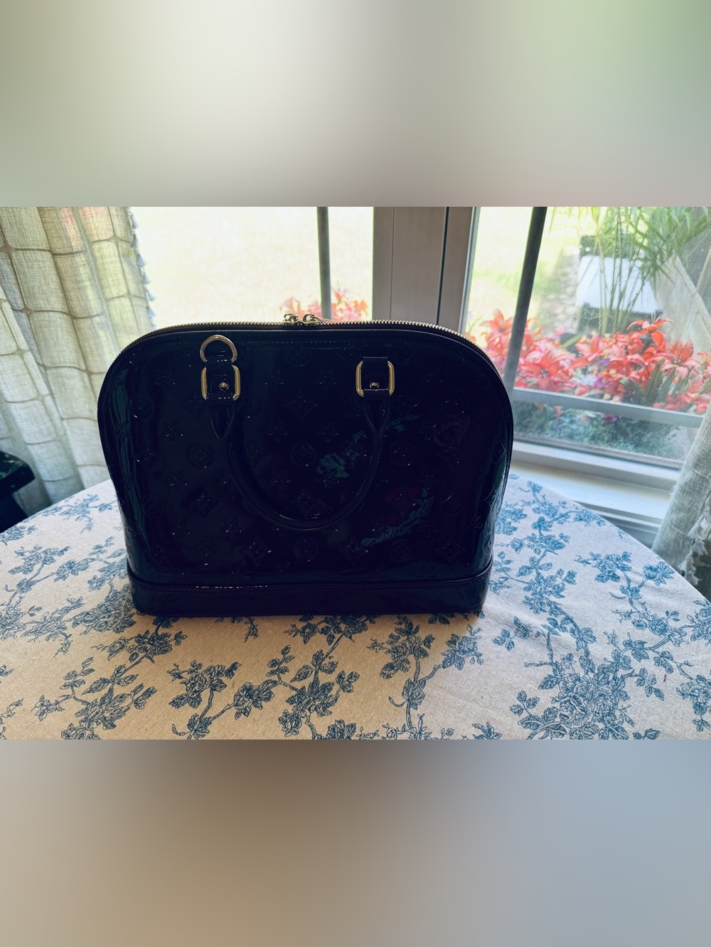 Patent Satchel Vernis in Deep Bordeaux with Embossed Pattern Dome Handbag NWOTS